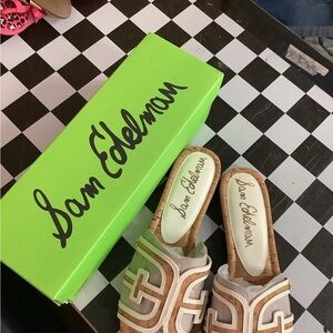 Sam Edelman White and Tan Slide Mules